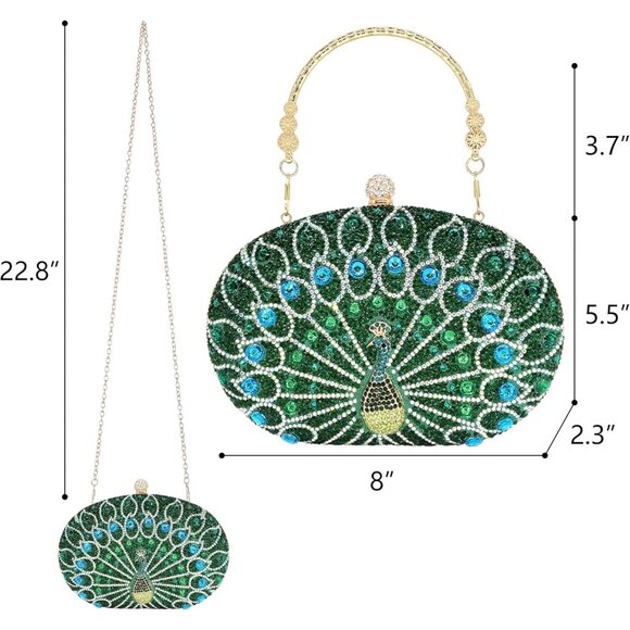 Women's Green Peacock Sparkly Rhinestone Clutch Luxury Diamond Peacock Handbag - Picture 3 of 7